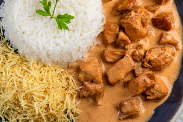 Chicken stroganoff with rice and potato straw